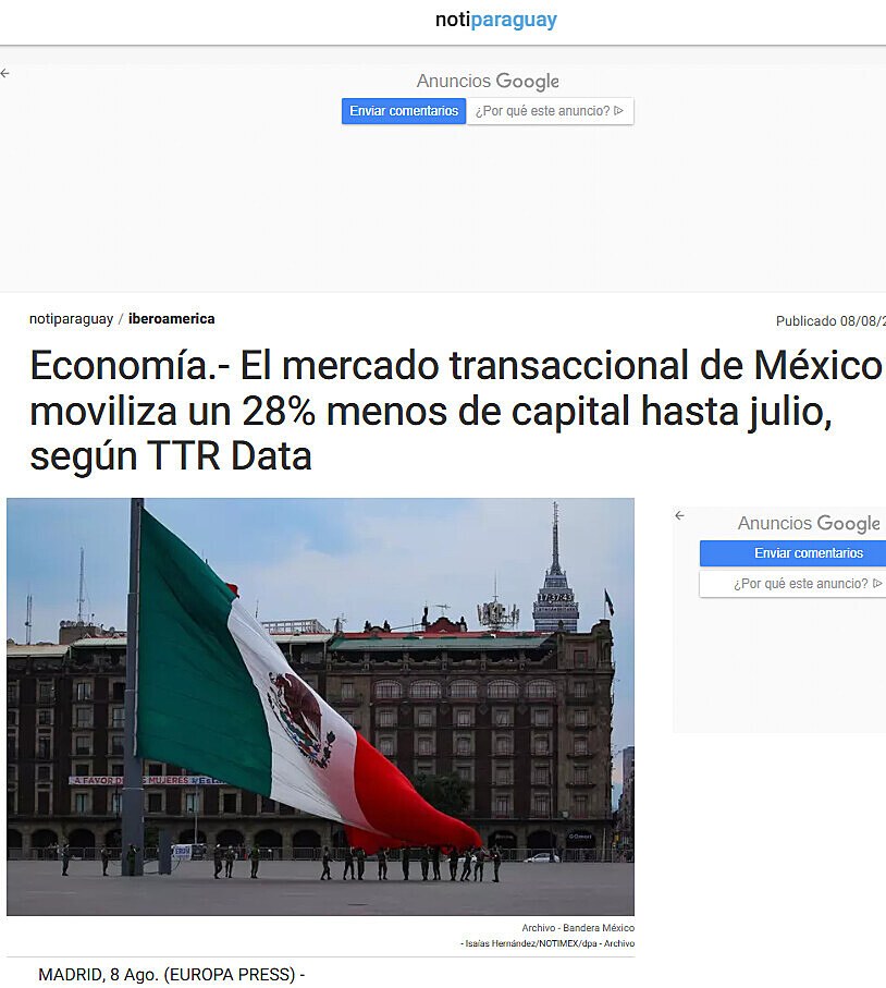 Economa.- El mercado transaccional de Mxico moviliza un 28% menos de capital hasta julio, segn TTR Data